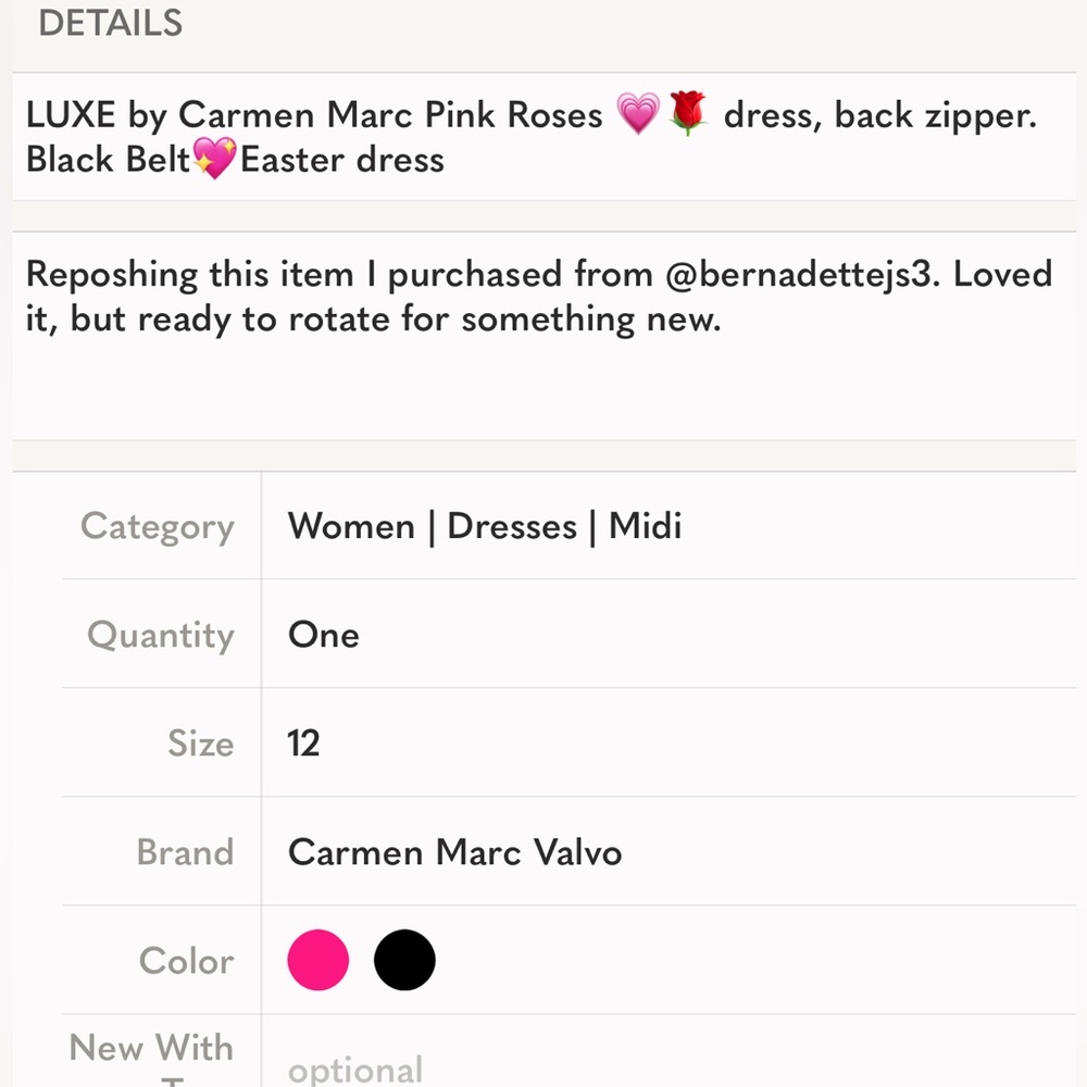 LUXE by Carmen Marc Pink Roses 💗🌹 dress, back zipper. Black Belt💖Easter dress - Picture 11 of 11